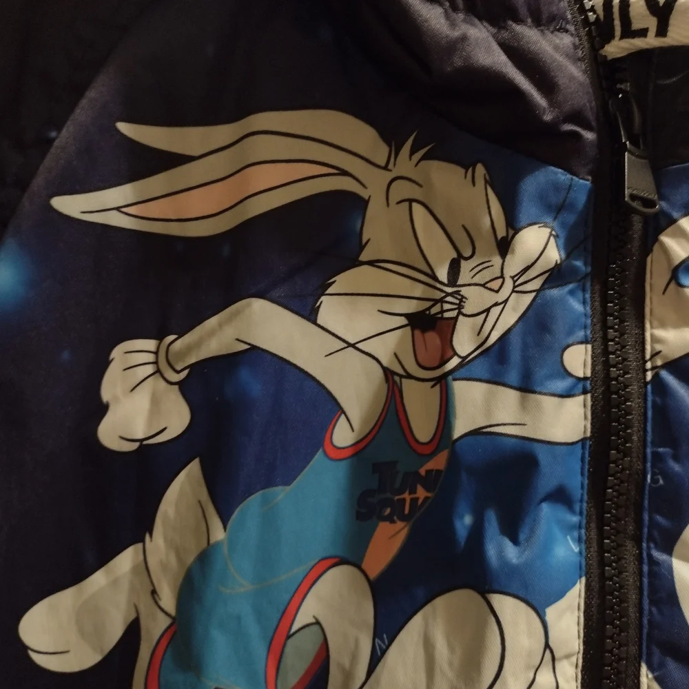 Members Only Looney Tunes Space Jam Blue Bomber Size L Faux Fur Hooded Coat